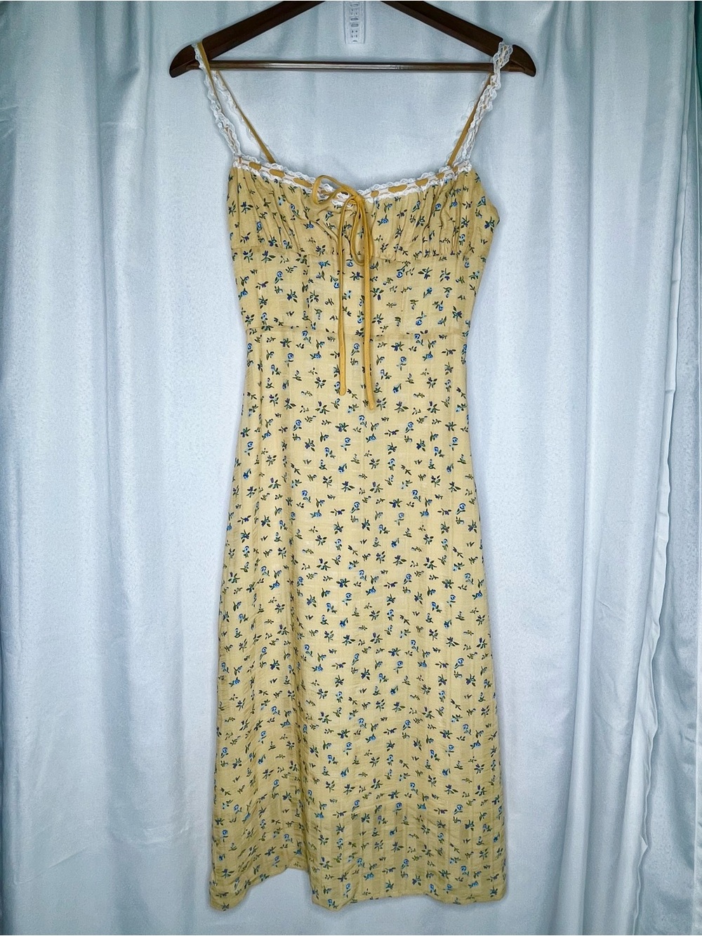 💛 NWT Commense Yellow Floral Lace Trim Sundress XS Cottagecore Midi Dress